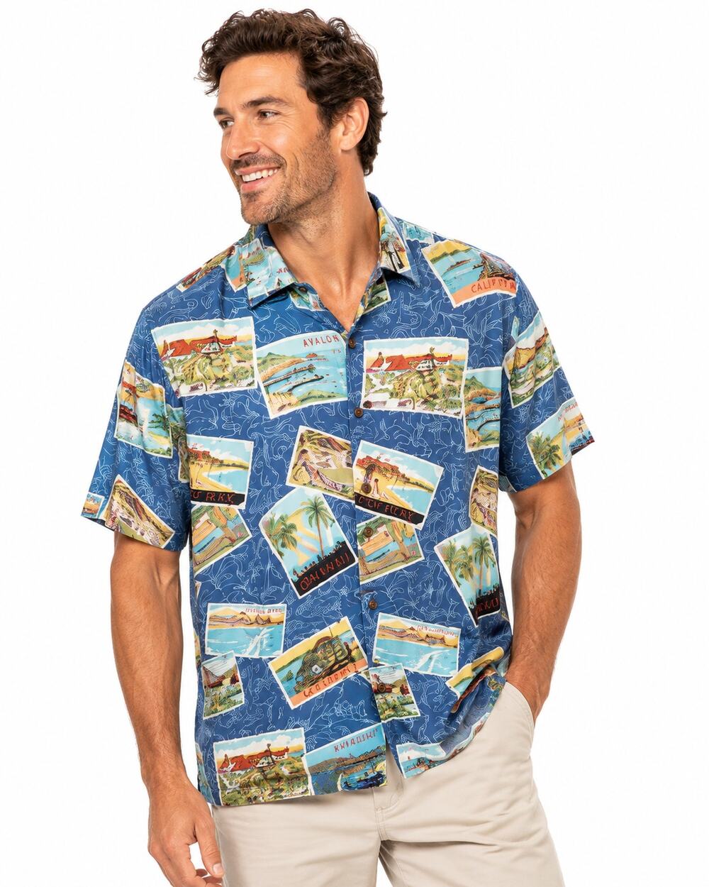 Reyn Spooner Hawaiian Shirt Mens L Blue Postcard Print 100% Spun Rayon USA
